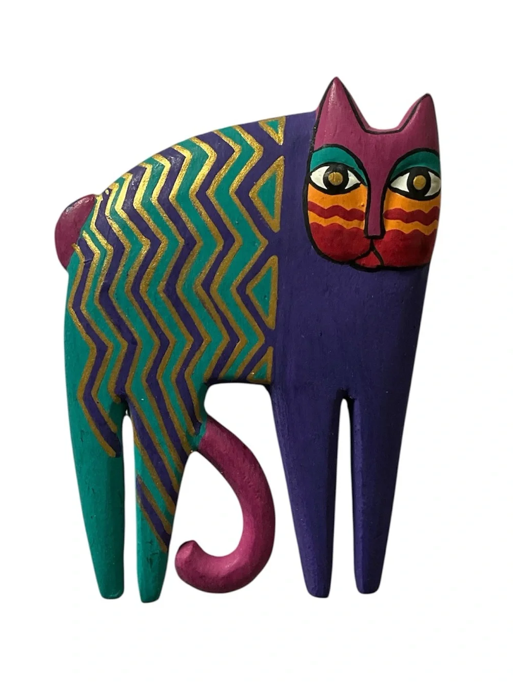 VTG Laurel Burch 1992 Signed Wood Whimsical Cat Brooch Pin Hand Painted Folk Art